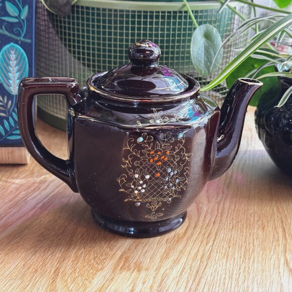 Moriage Style Ceramic Redware Teapot, Brown Flora, Vintage Pre-War Japan - Picture 2 of 16